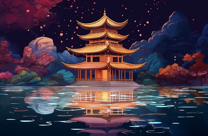 中国风湖面上的凉亭背景,插画/手绘图,插画/手绘图库,插画/手绘图下载,插画/手绘